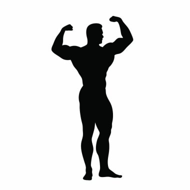 Kollarını kaldırmış, beyaz arka planda soyutlanmış güçlü bir adamın silueti. Siyah takım elbiseli güçlü bir adam. vektör illüstrasyonu.