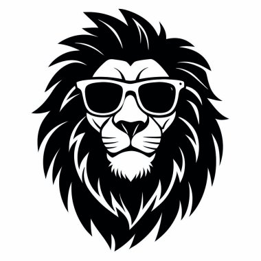 Güneş gözlüklü aslan başı ve taç vektör çizimi. aslan başlı logo