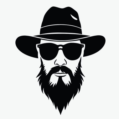 Bir adamın yüzünün siyah ve beyaz silueti. Adamın bıyığı ve sakalı var ve fötr şapka takıyor.)