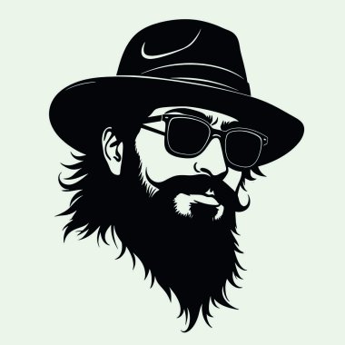 Bir adamın yüzünün siyah ve beyaz silueti. Adamın bıyığı ve sakalı var ve fötr şapka takıyor.)