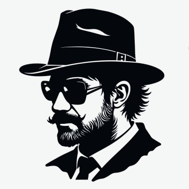 Bir adamın yüzünün siyah ve beyaz silueti. Adamın bıyığı ve sakalı var ve fötr şapka takıyor.)