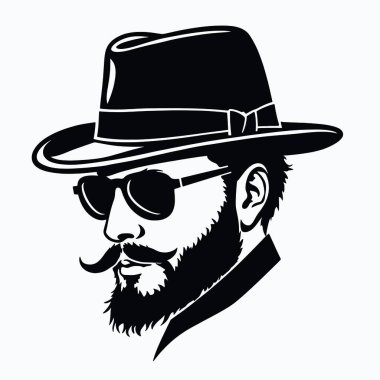 Bir adamın yüzünün siyah ve beyaz silueti. Adamın bıyığı ve sakalı var ve fötr şapka takıyor (11))