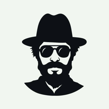 Bir adamın yüzünün siyah ve beyaz silueti. Adamın bıyığı ve sakalı var ve fötr şapka takıyor (12)