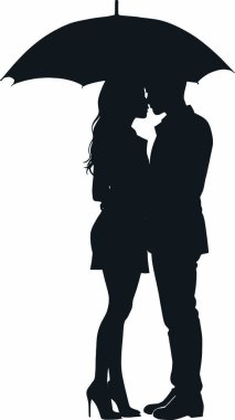 Beyaz arka planda şemsiyesi olan çiftlerin vektör silueti.