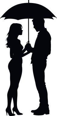 Beyaz arka planda şemsiyenin altındaki çift vektör silueti. vektör illüstrasyonu.