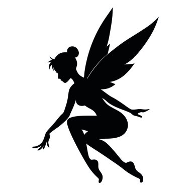 vektör görüntüsü, siyah elbiseli ve kanatlı bir kızın silueti, beyaz arka planda bir peri, beyaz arka planda izole edilmiş..