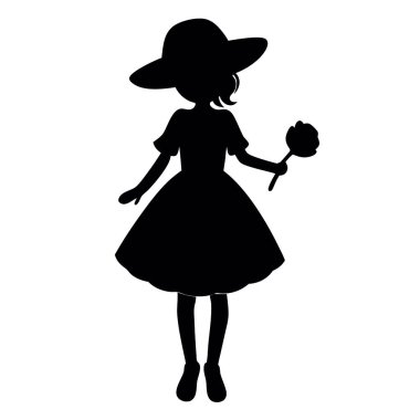 Beyaz arka planda sepeti olan şapkalı bir kadın silueti..