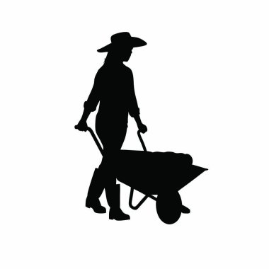 Beyaz arka planda el arabası olan siluet adam. Vektör illüstrasyonu 10.