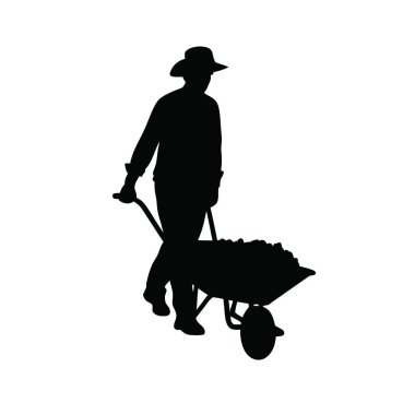 Kürek taşıyıcı ikonu olan çiftçi adam. Siyah vektör logosu beyaz arkaplanda izole edildi