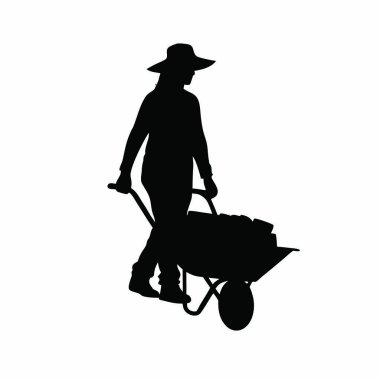 Beyaz arkaplan vektör illüstrasyonunda küreği olan bir adamın silüeti