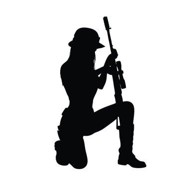 Beyaz arka planda tüfeği olan askerin vektör silueti