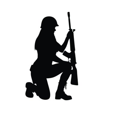 Tüfek tutan kadın silueti. Beyaz arkaplanda vektör illüstrasyonu
