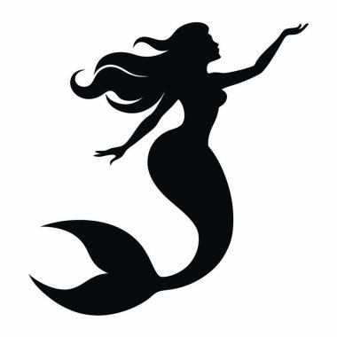 Siyah saçlı, vektör, resimli bir deniz kızının silueti..