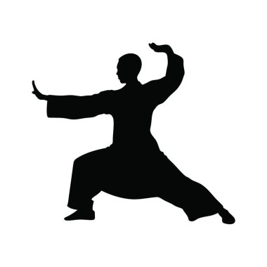 Siyah kimonolu bir erkek atletin silüetinin vektör çizimi.