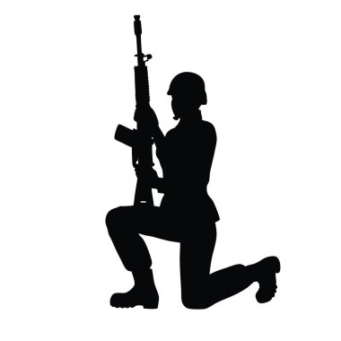 Beyaz arka planda tüfek silueti olan asker.