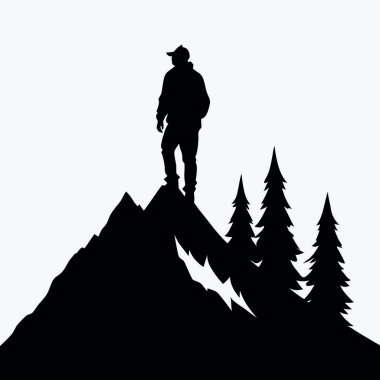 Arka planda dağ olan siluet adam. vektör illüstrasyonu
