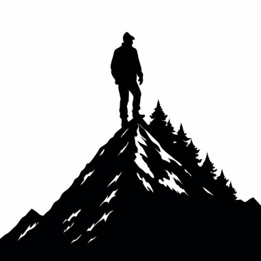 Bir dağın tepesinde duran siluet adam. vektör