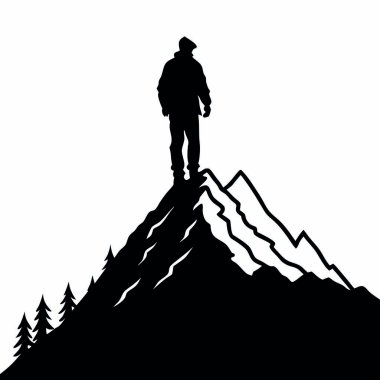 Dağların tepesinde sırt çantalı bir yürüyüşçünün silueti. Siyah arka plan. vektör illüstrasyonu.