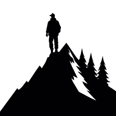 Doğadaki insanın vektör silueti. Beyaz arkaplanda dağ zirvesi.