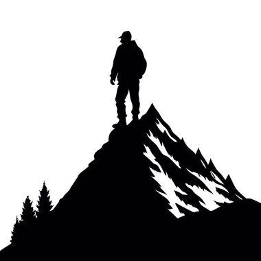 Kış dağlarında sırt çantalı bir yürüyüşçünün silueti.