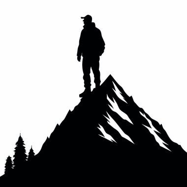 Siyah şapkalı bir adamla dağcı silueti, beyaz arka planda izole edilmiş. Vektör illüstrasyonu 10.