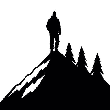 Kış ormanında sırt çantalı bir adamın silueti..