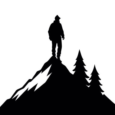 Sırt çantalı yürüyüşçü silueti dağın tepesinde