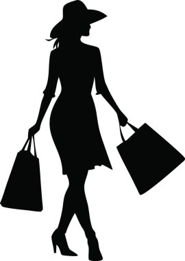 Siyah siluet, alışveriş kıyafetleri içinde bir kadın..