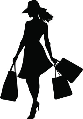 Beyaz arka planda alışveriş torbaları olan kadın vektör silueti.