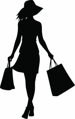 Beyaz arka planda alışveriş torbaları olan bir kadının vektör silueti.