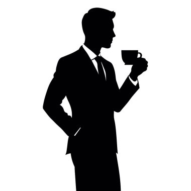 Beyaz arka planda bir fincan kahvesi olan bir adamın silueti. vektör illüstrasyonu