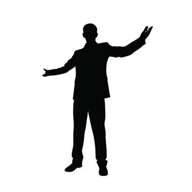 Takım elbiseli adam bir şey gösteriyor, izole vektör.