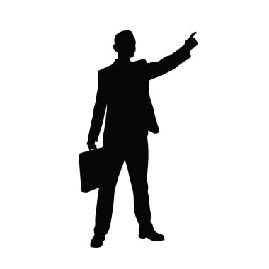 Siluet adam bir evrak çantası tutuyor, eli kamerayı işaret ediyor, vektör.