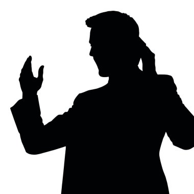 Bir iş adamı silueti bir telefon tutuyor ve tek eliyle hareket ediyor sanki canlı canlı konuşuyor gibi (1))