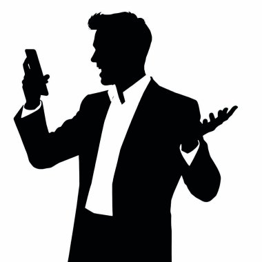 Bir iş adamı silueti bir telefon tutuyor ve tek eliyle hareket ediyor sanki canlı bir şekilde konuşuyor gibi (11))
