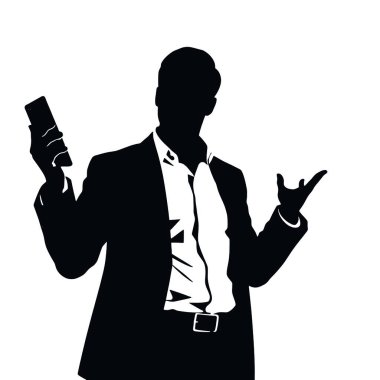 Bir iş adamı silueti bir telefon tutuyor ve tek eliyle hareket ediyor sanki canlı bir şekilde konuşuyor gibi (24)