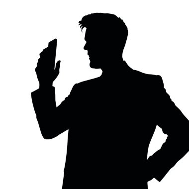 Bir iş adamı silueti bir telefon tutuyor ve tek eliyle hareket ediyor sanki canlı bir şekilde konuşuyor gibi (4))