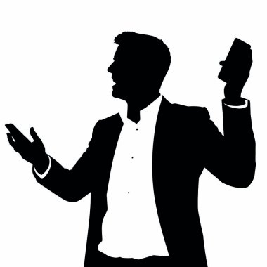 Bir iş adamı silueti bir telefon tutuyor ve tek eliyle hareket ediyor sanki canlı bir şekilde konuşuyor gibi (6))