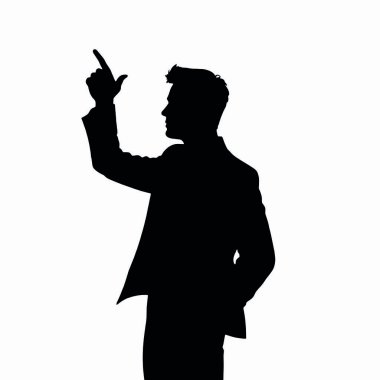 Bir el hareketleriyle beyaz tahtayı işaret eden bir işadamı silueti ve bir el işareti (13))