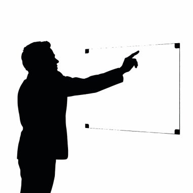 Bir el hareketi ile beyaz tahtayı işaret eden bir işadamı silueti ve bir el işareti (14))