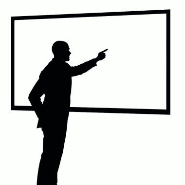 Bir el hareketi ile bir beyaz tahtayı işaret eden bir işadamı silueti ve bir el işareti (17))