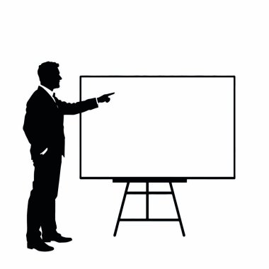 Bir el hareketi ile beyaz tahtayı gösteren bir işadamı silueti ve bir el işareti (18)