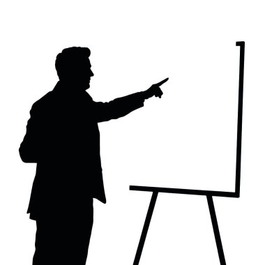 Bir el hareketi ile bir beyaz tahtayı işaret eden bir işadamı silueti ve bir el işareti (2))