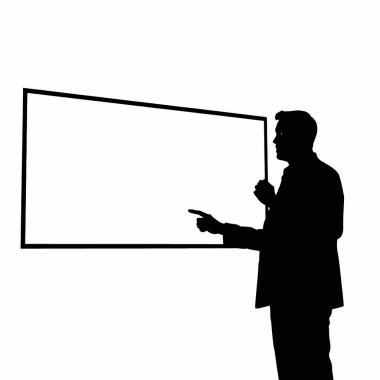 Bir el hareketi ile beyaz tahtayı gösteren bir işadamı silueti ve bir el işareti (19))