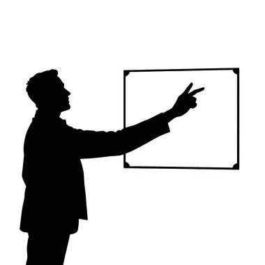 Bir el hareketi ile beyaz tahtayı işaret eden bir işadamı silueti ve bir el işareti (21)