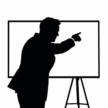 Bir el hareketi ile bir beyaz tahtayı işaret eden bir işadamı silueti ve bir el işareti (22))