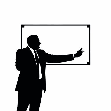 Bir el hareketi ile bir beyaz tahtayı işaret eden bir işadamı silueti ve bir el işareti (24)