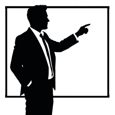 Bir el hareketi ile beyaz tahtayı işaret eden bir işadamı silueti ve bir el işareti (25)