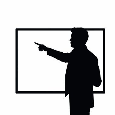 Bir el hareketi ile bir beyaz tahtayı işaret eden bir işadamı silueti ve bir el işareti (26))