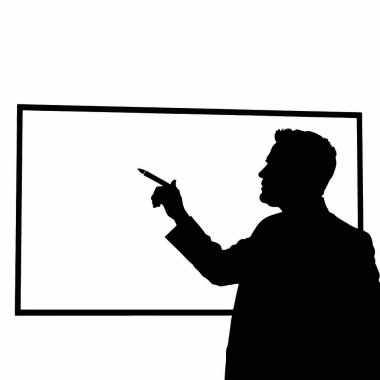 Bir el hareketi ile bir beyaz tahtayı işaret eden bir işadamı silueti ve bir el işareti (27))